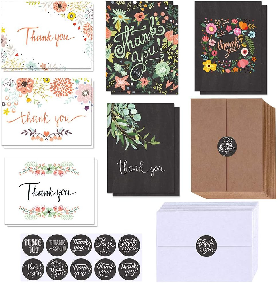 150 Sets Bulk Blank Thank You Cards with Envelopes Stickers Assortment 6 Design