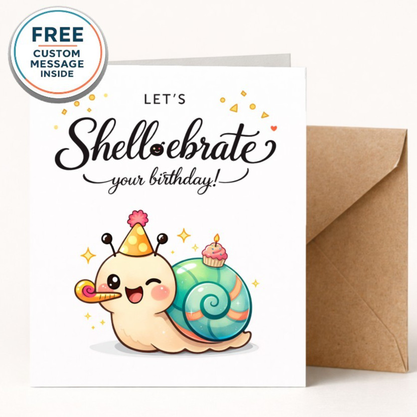 Kawaii Snail Birthday Card, Shell-ebrate Pun, Pastel Teal Illustration