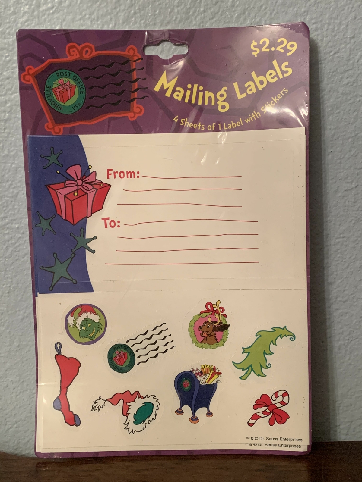 How The Grinch Stole Christmas Mailing Labels With Stickers 4 Sheets of 1 Label