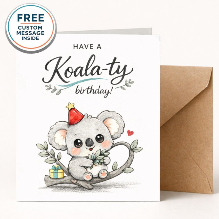 Koala Pun Birthday Card, Watercolor Illustration, Hand Lettered Script