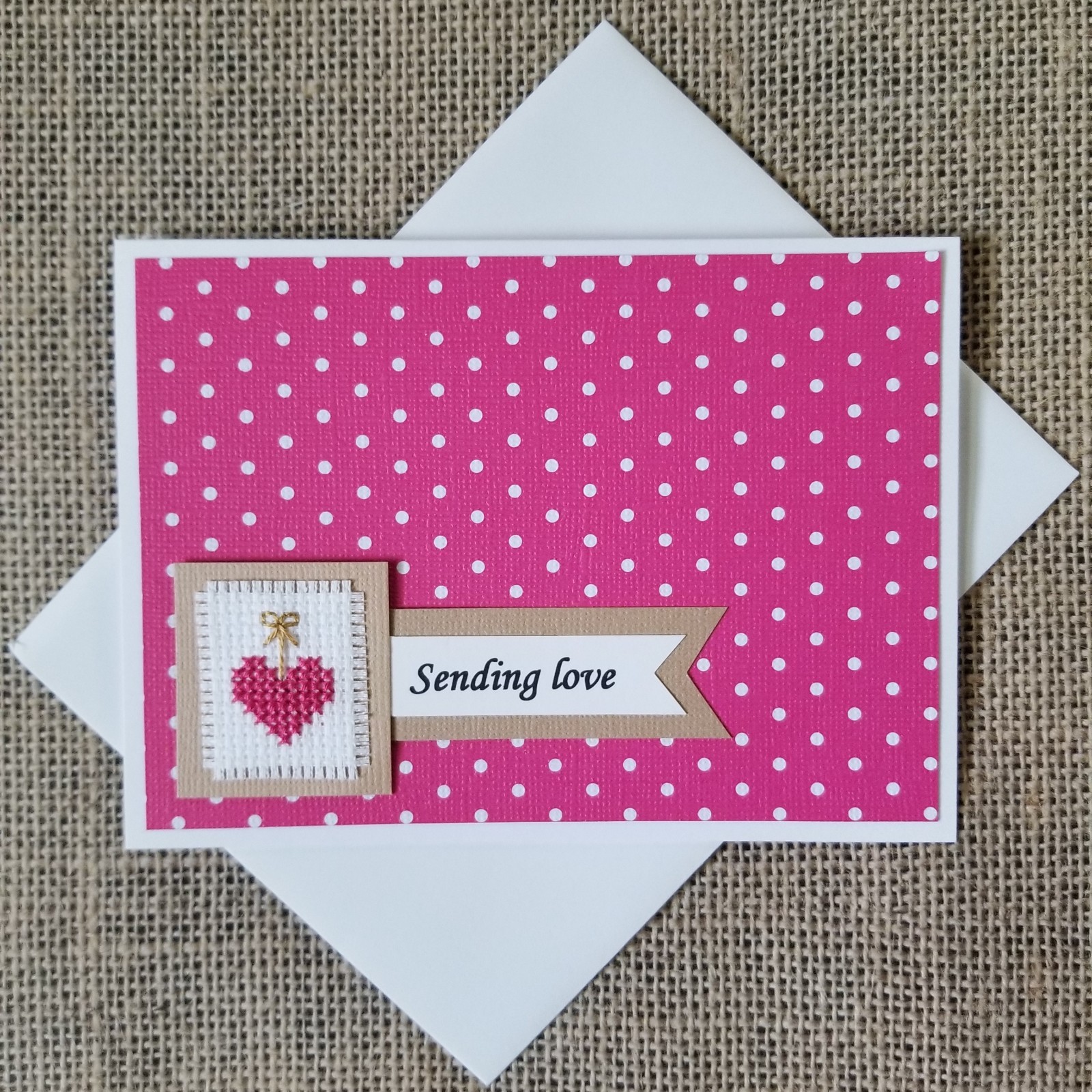 Finished Completed Cross Stitch Pink Heart Sending Love Blank Note Greeting Card