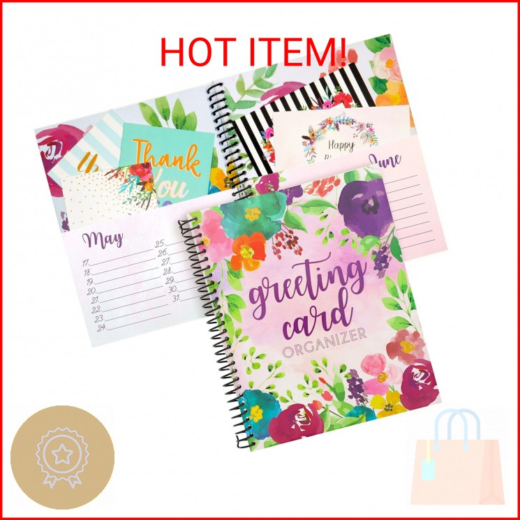 Floral Month by Month Greeting Card Organiser Book with 24 Pockets, Card and Fil