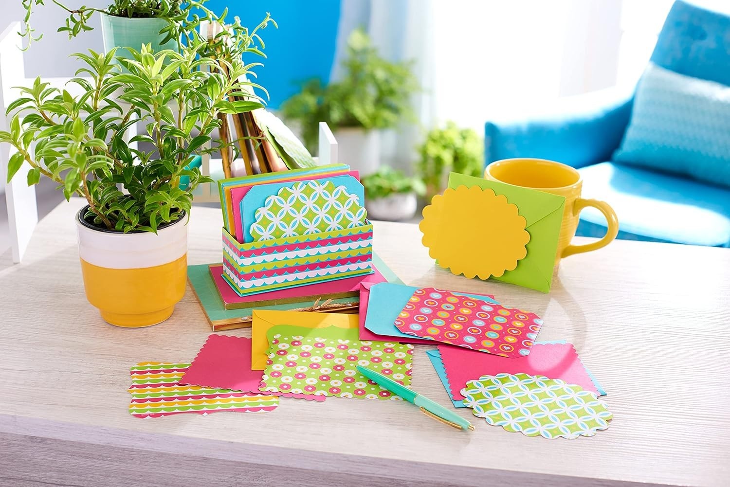 Single Panel Blank Cards with Envelopes, Bright Colors, Patterns and Shapes 4…