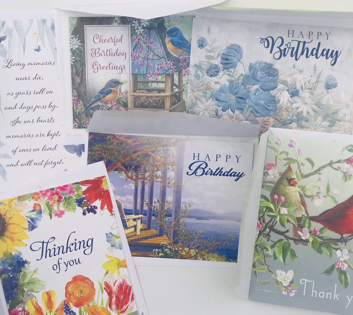 6 Greeting Cards VARIETY PACK Beautiful Pretty Flowers, Birds, Butterflies, Lake