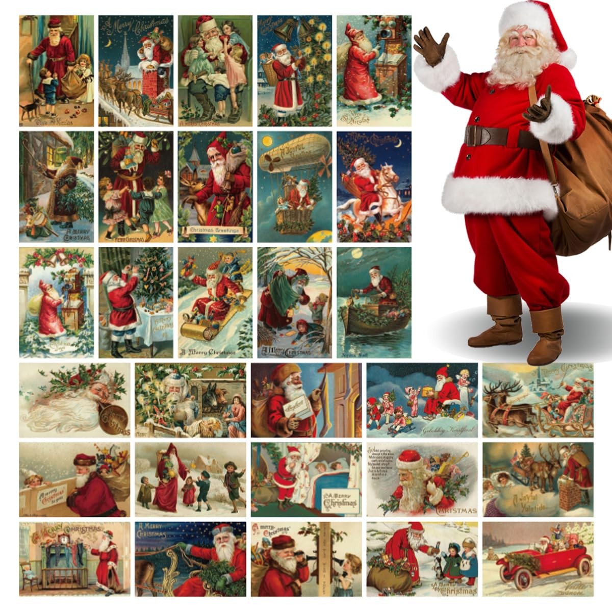 30pcs Vintage Christmas Postcards with 2 Polka Dot Stickers Santa and Christmas