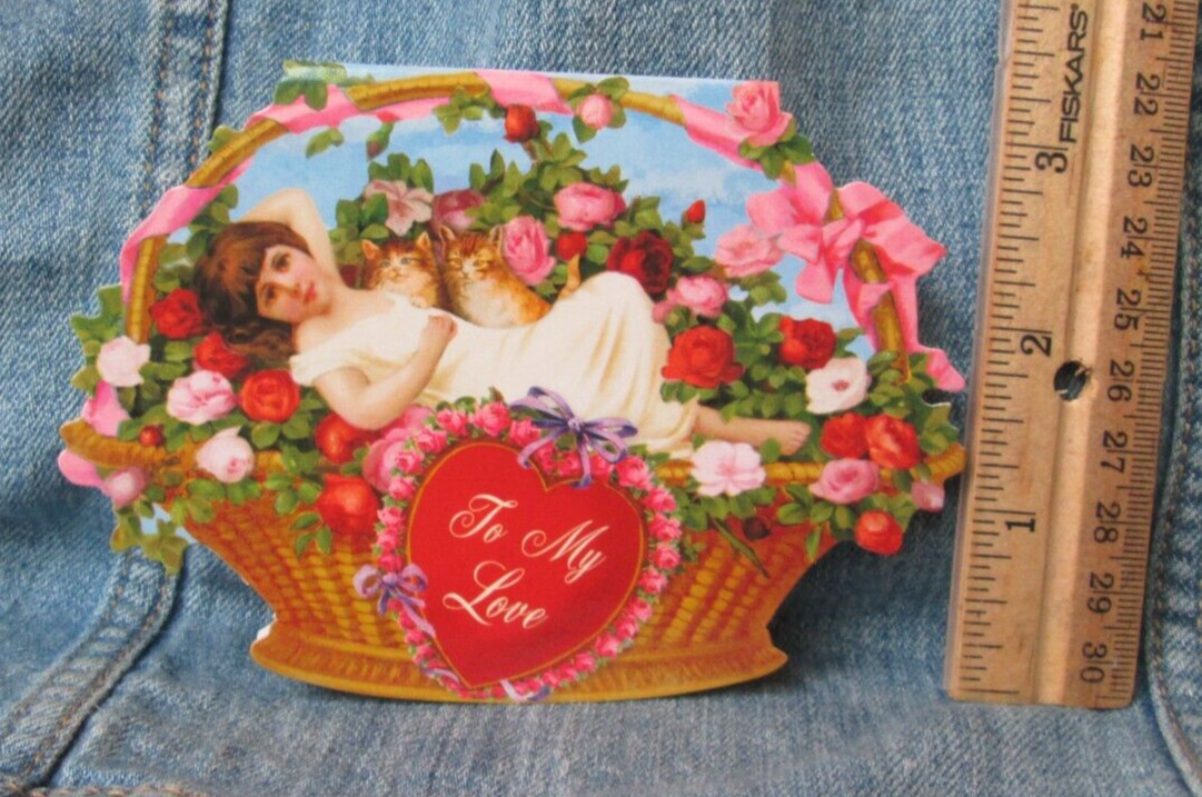 WOMAN CATS ROSES TO MY LOVE ANTIQUE IMAGE REPRINT BLANK GREETING CARD New MG49