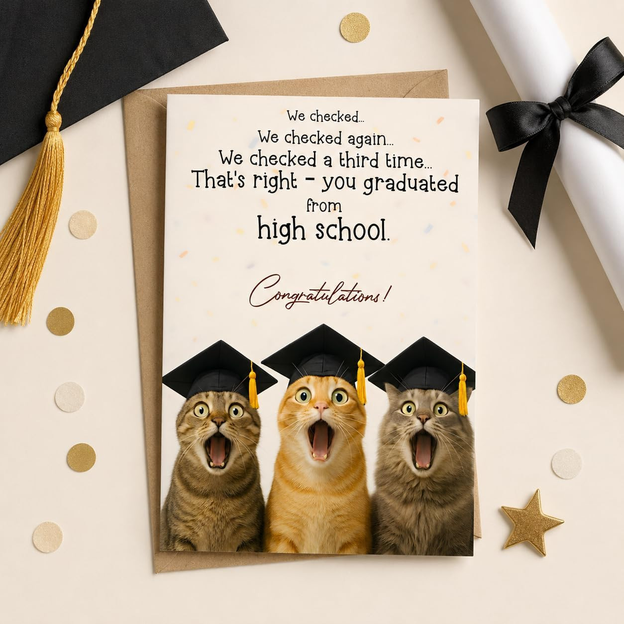 High School Graduation Card, Funny Cat Folded 5X7 Card with Envelope | Perfect f