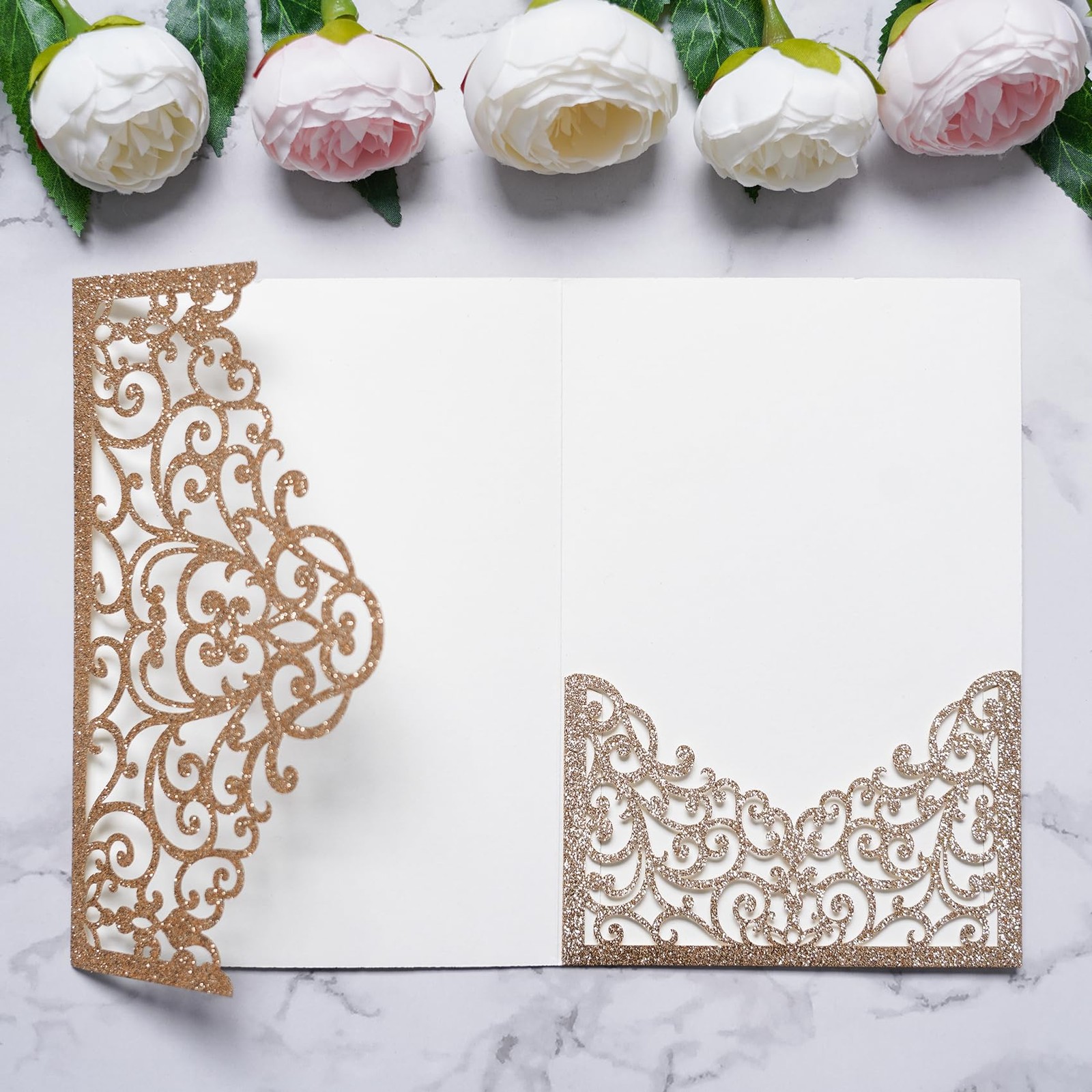 20 PCS Gold Glitter Laser Cut Wedding Invitations Pockets TriFold 5×7 Inch