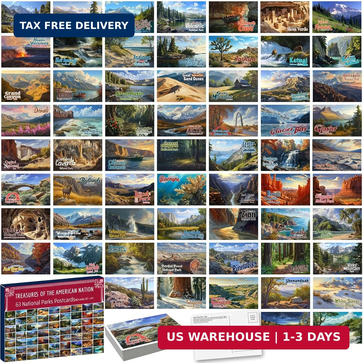 63 Illustrated US National Parks Postcard Set, Travel Poster Style, Variety Pack