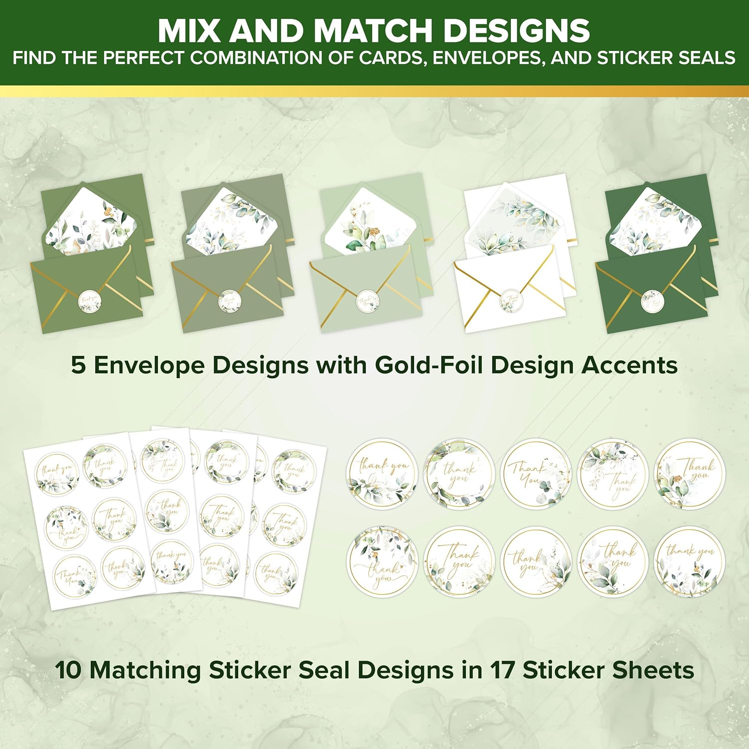6X4In Sage Green Thank You Cards with Envelopes, 10 Elegant Designs for Parties