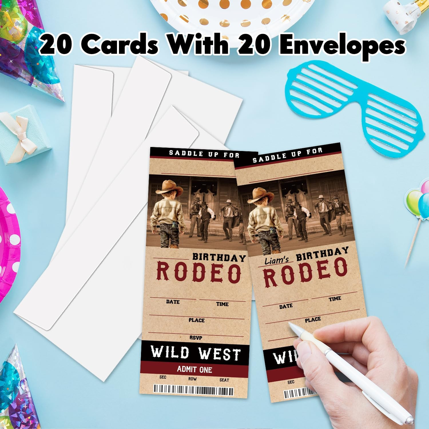 Cowboy Birthday Party Invitations, Western Rodeo VIP Ticket Birthday Invites, 20