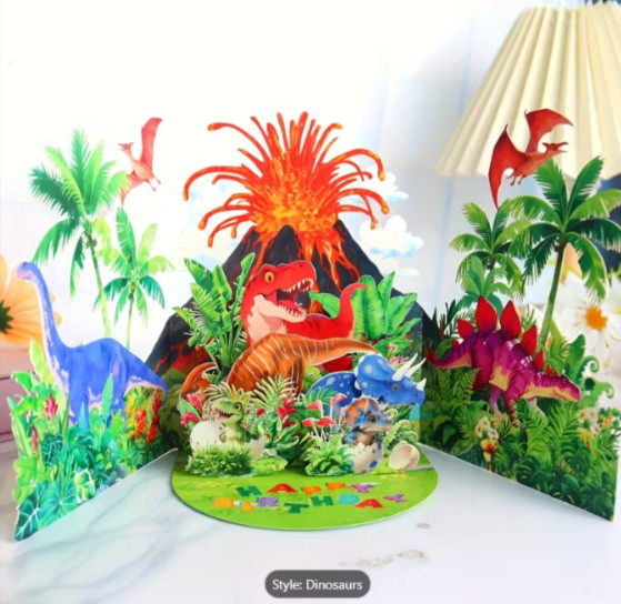 ADORABLE 3D DINOSAURS POP UP BIRTHDAY CARD FOR BOYS OR GIRLS DINOSAUR LOVERS
