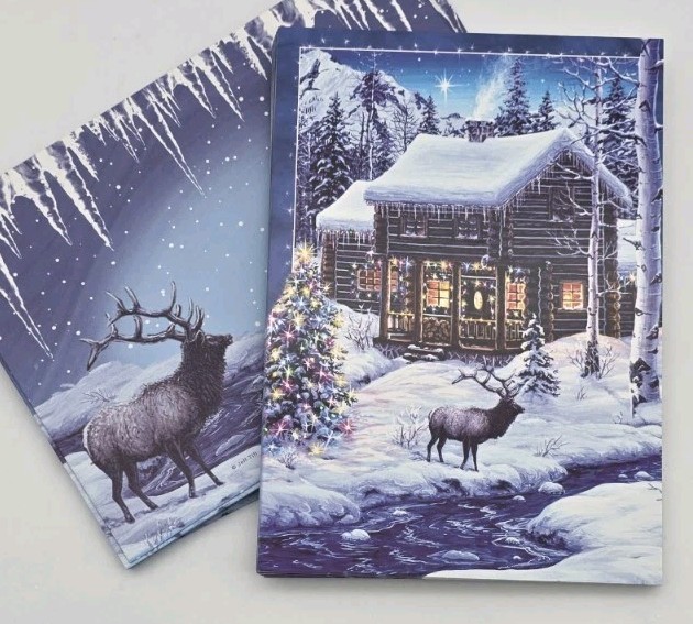 Beautiful Christmas Cabin Snow Night Scene Elk With Creek Set Of 11 Cards GC160