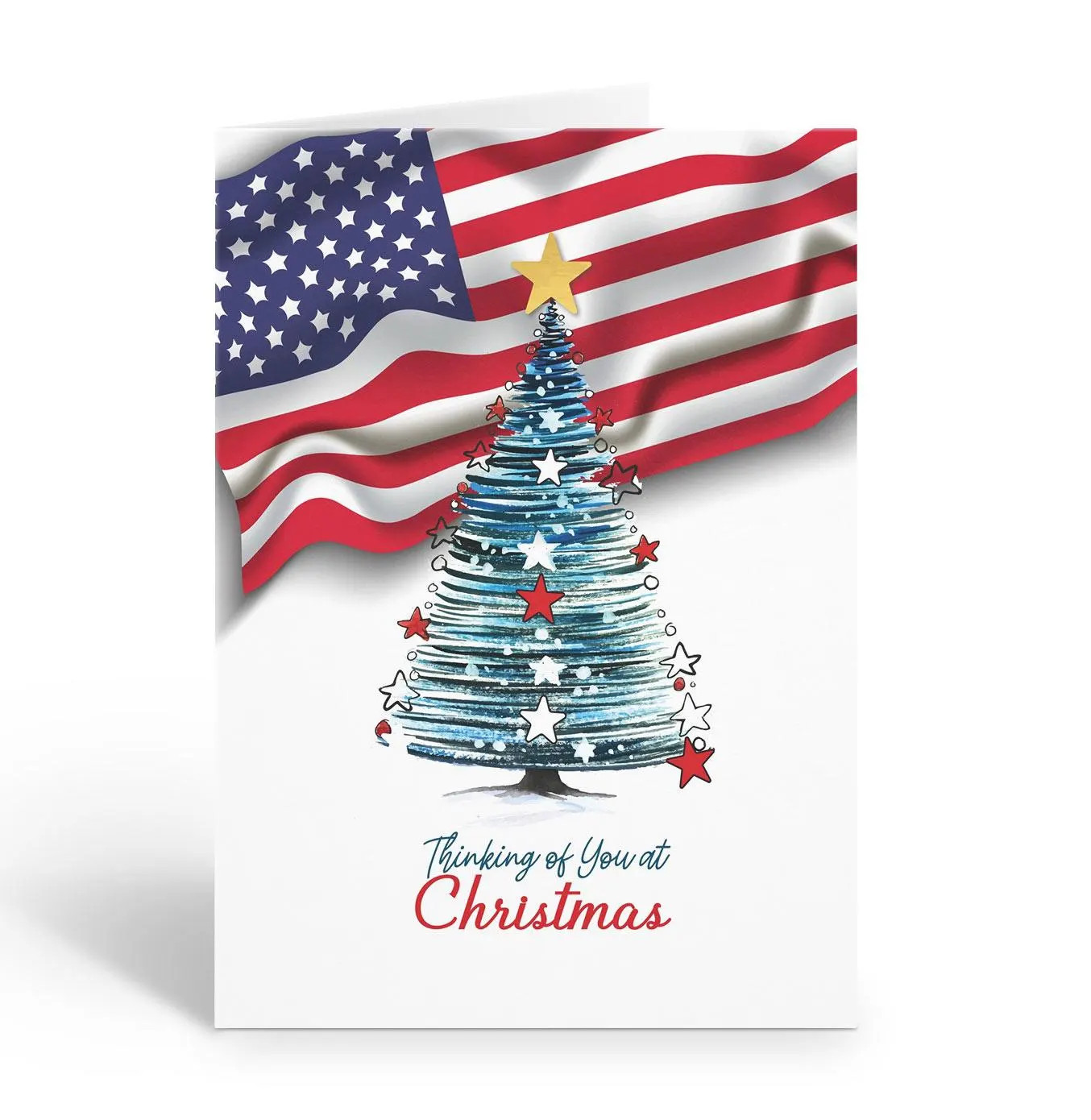 Patriotic American Flag and Christmas Tree Holiday Card – 12 Cards with Envelope