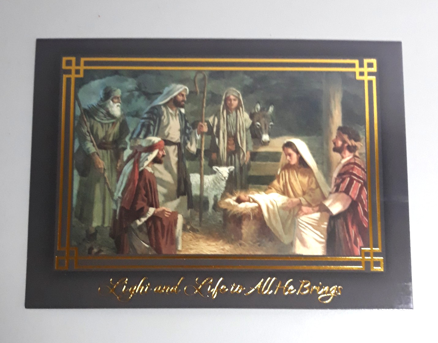 His Delight Christmas Card Nativity Scene Gold Foil “Light and Life to All He..”