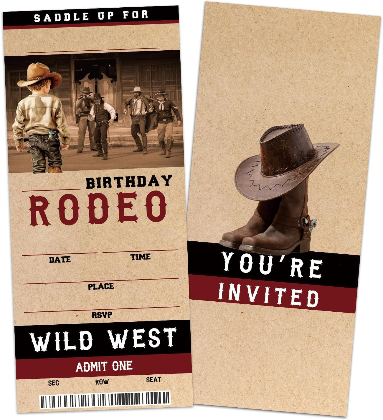 Cowboy Birthday Party Invitations, Western Rodeo VIP Ticket Birthday Invites, 20