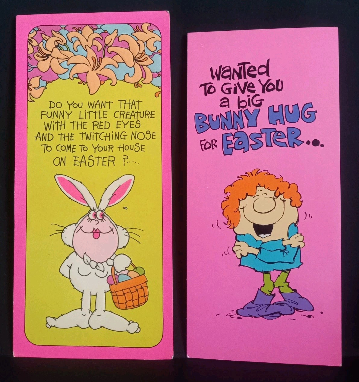 Two 60s Tall Comic Easter Cards Funny Bunny Hallmark Longfellow by Barker Unused