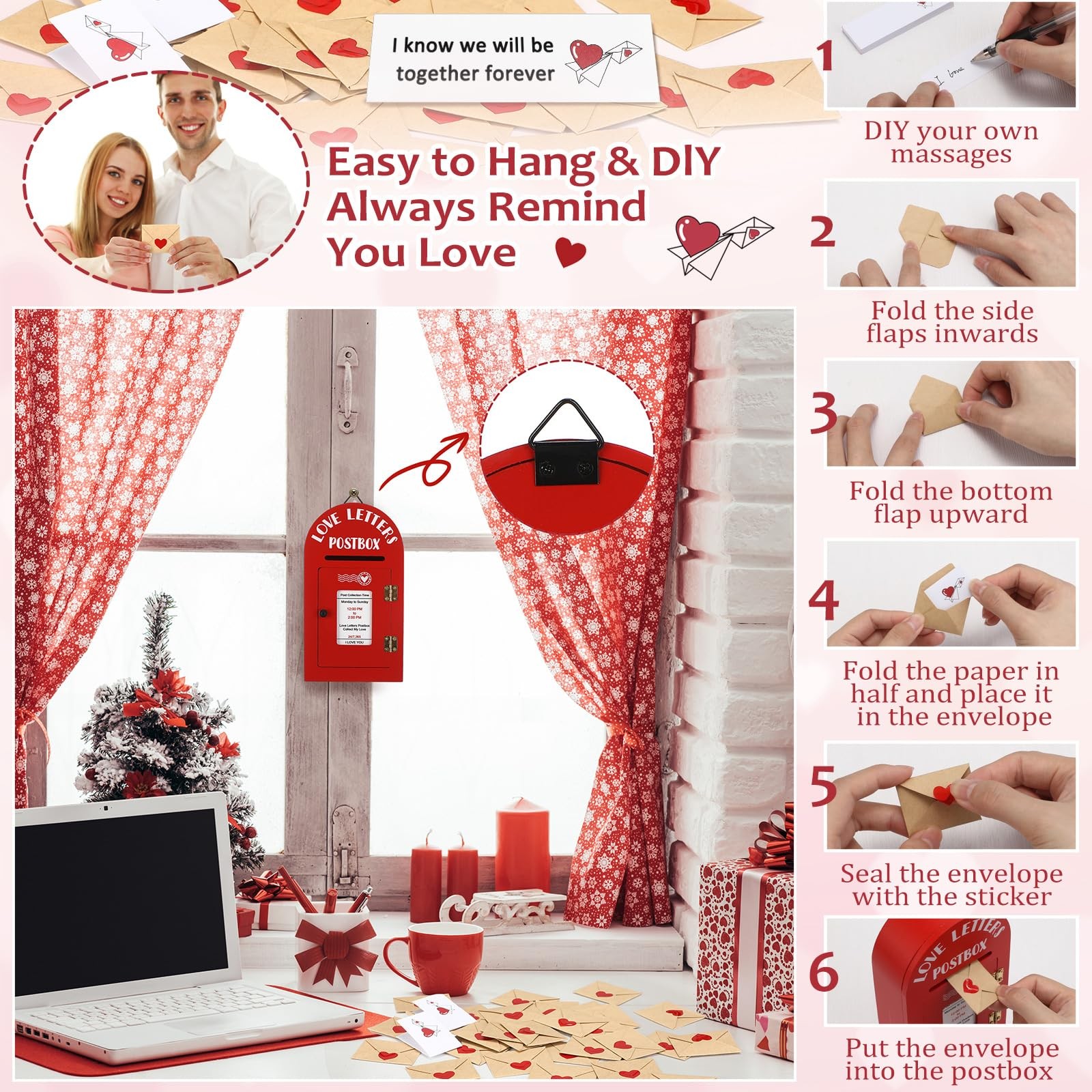 Romantic Love Postbox with 60 Mini Love Notes and Envelopes Loveletters for M…