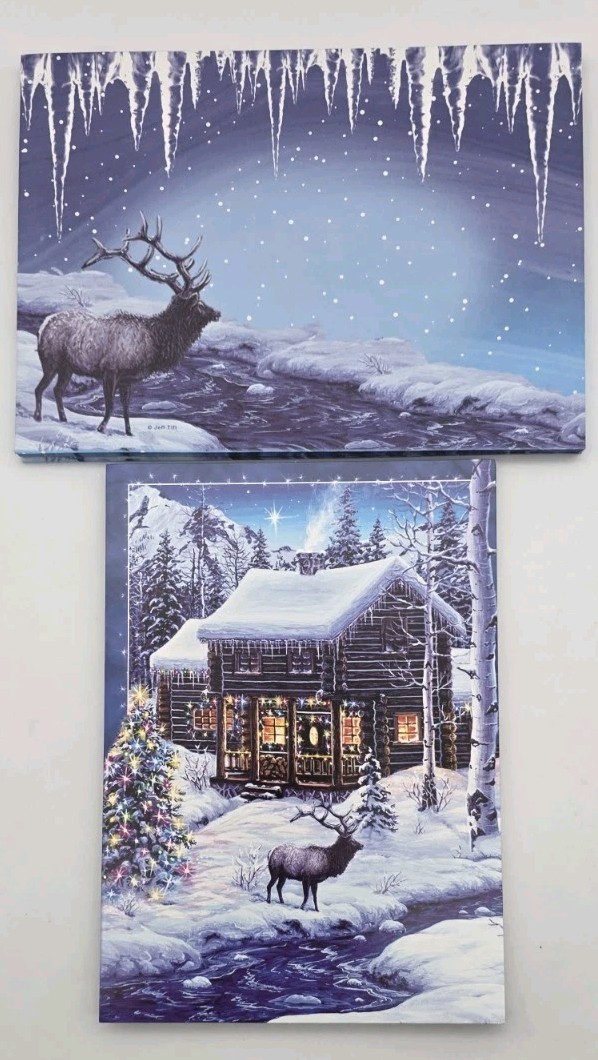 Beautiful Christmas Cabin Snow Night Scene Elk With Creek Set Of 11 Cards GC160