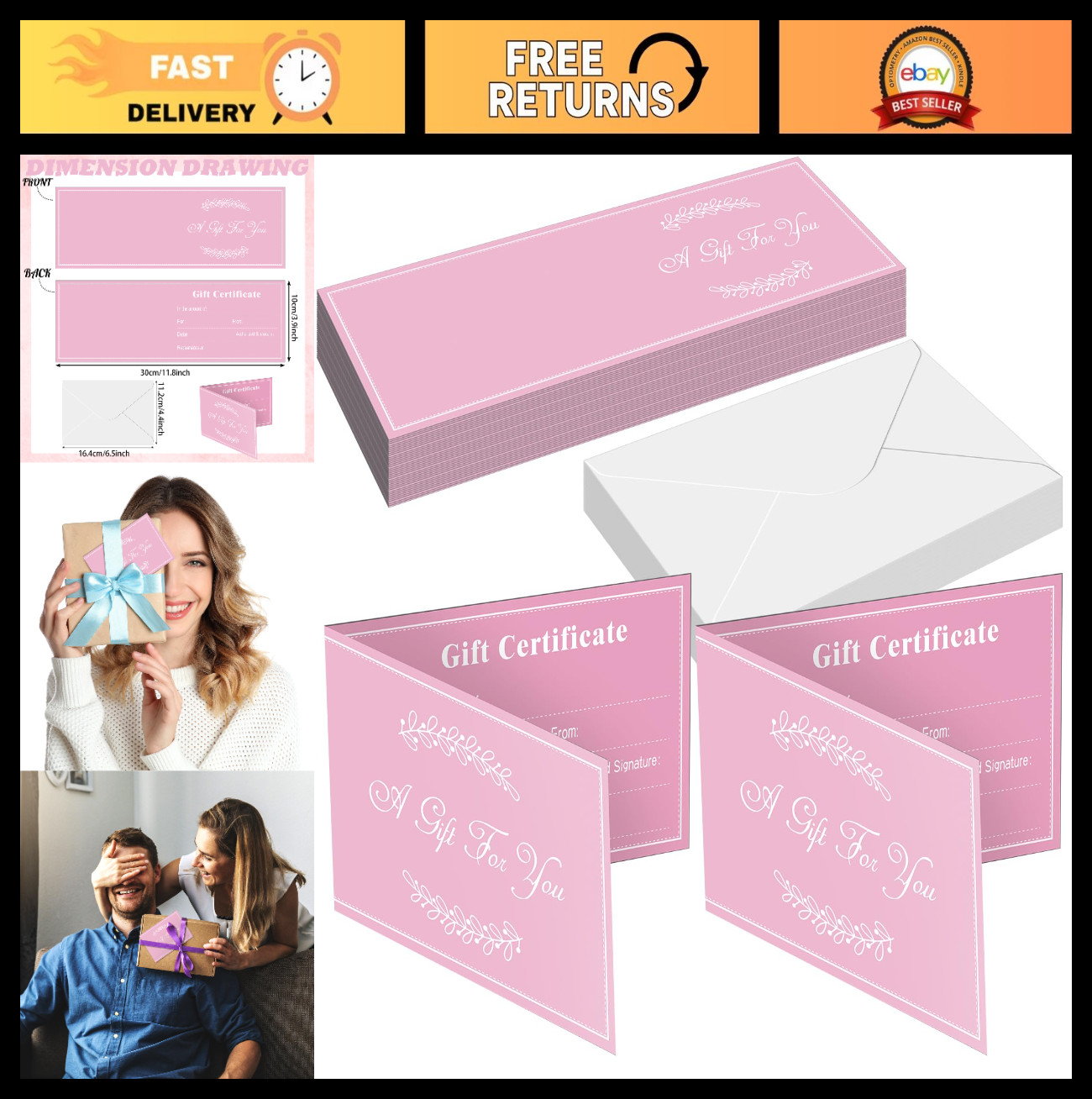 50 Sets Blank Gift Certificates with Envelopes for Business, Salon, Restaurant,