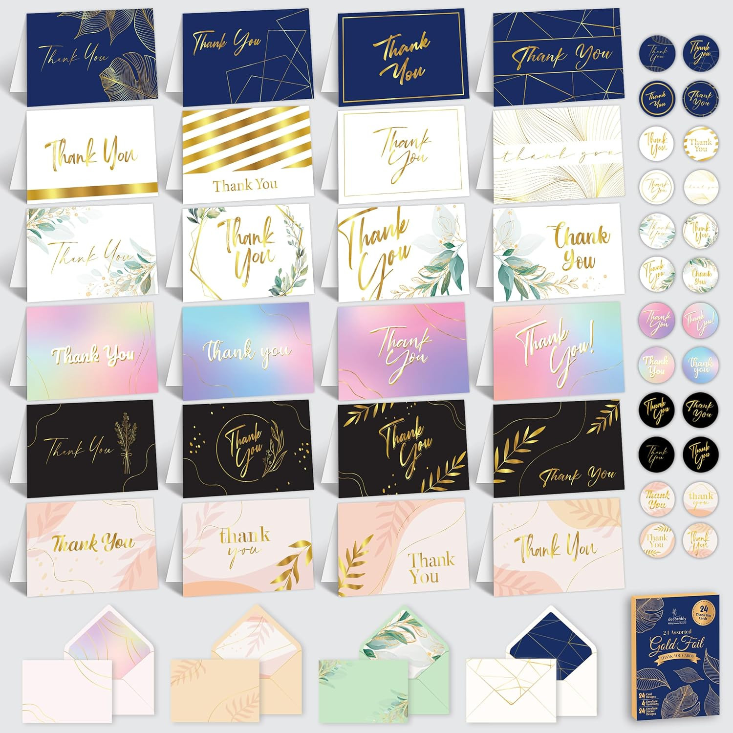 Decorably 24 Pack Gold-Foiled 6X4In Assorted Thank You Cards with Envelopes and