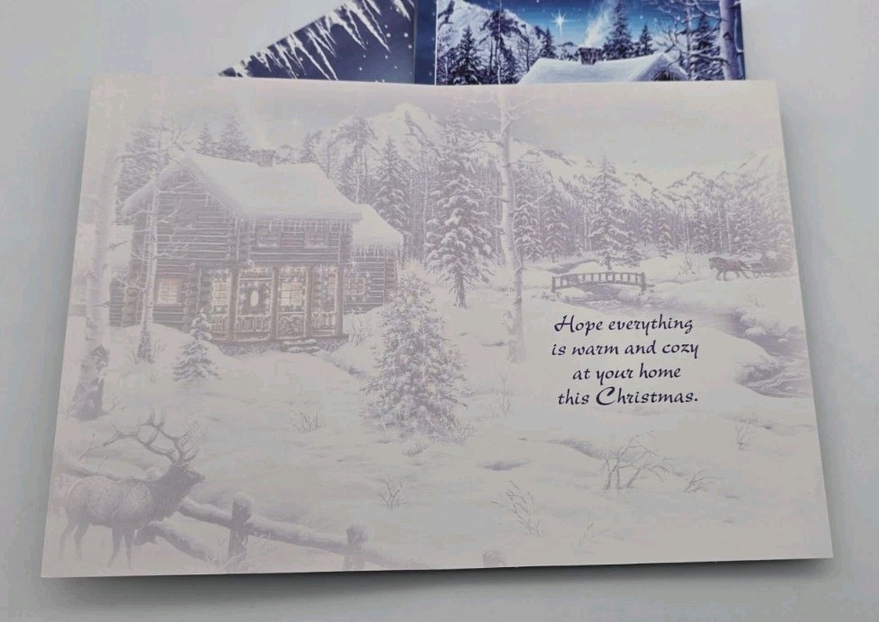Beautiful Christmas Cabin Snow Night Scene Elk With Creek Set Of 11 Cards GC160