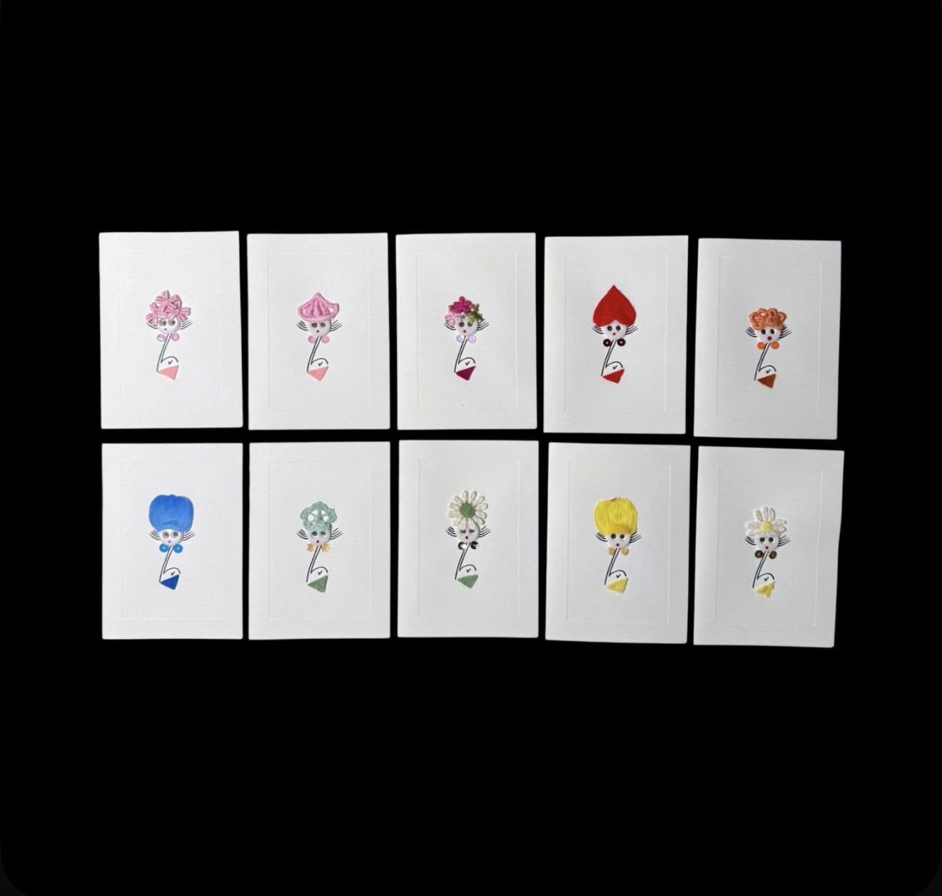 Set of 10 Greeting Cards, Handcrafted Fancy Hat Button Ladies w/ Envelopes