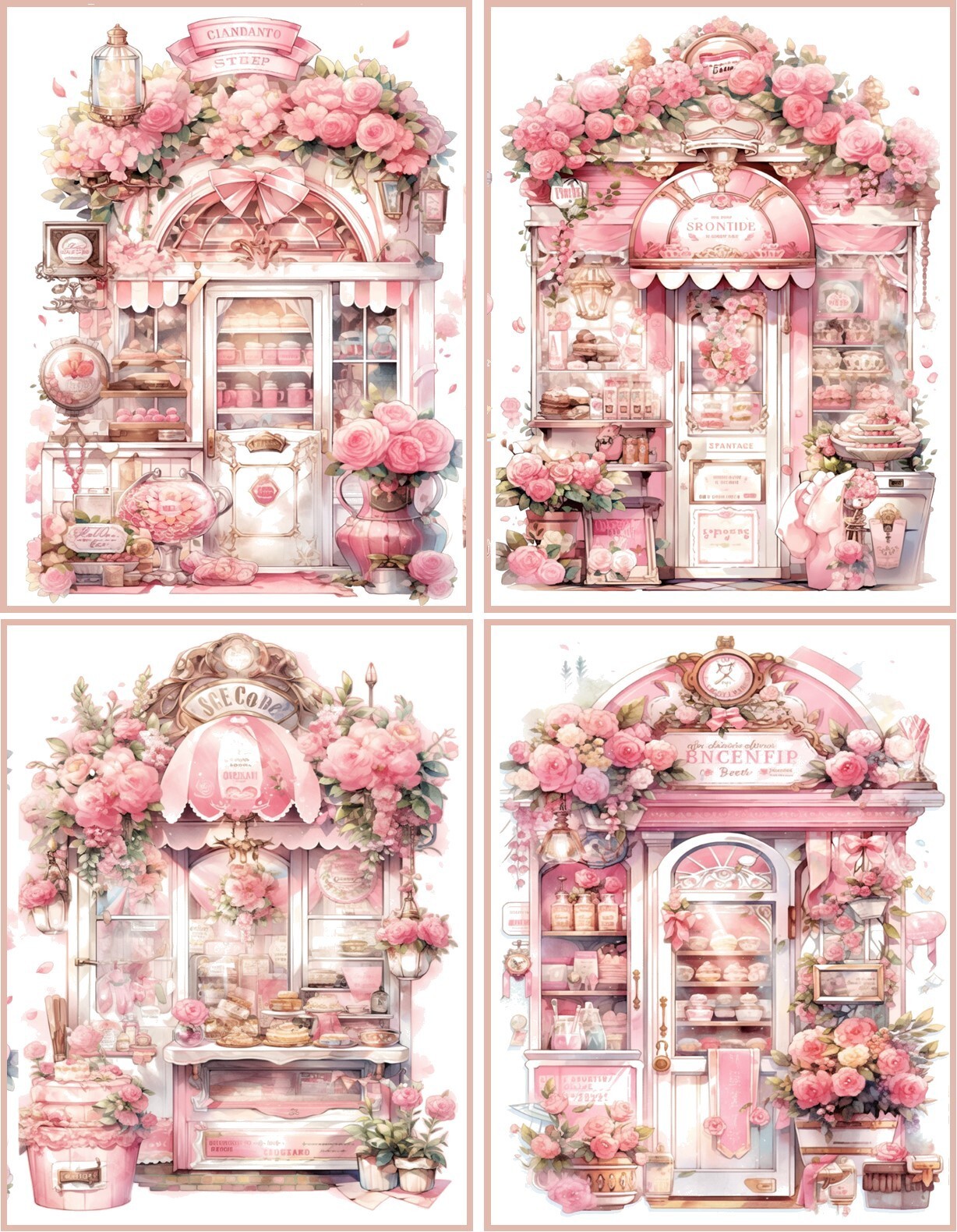 8 Paris bakery Vintage Shabby Chic Pink glossy blank note card envelopes