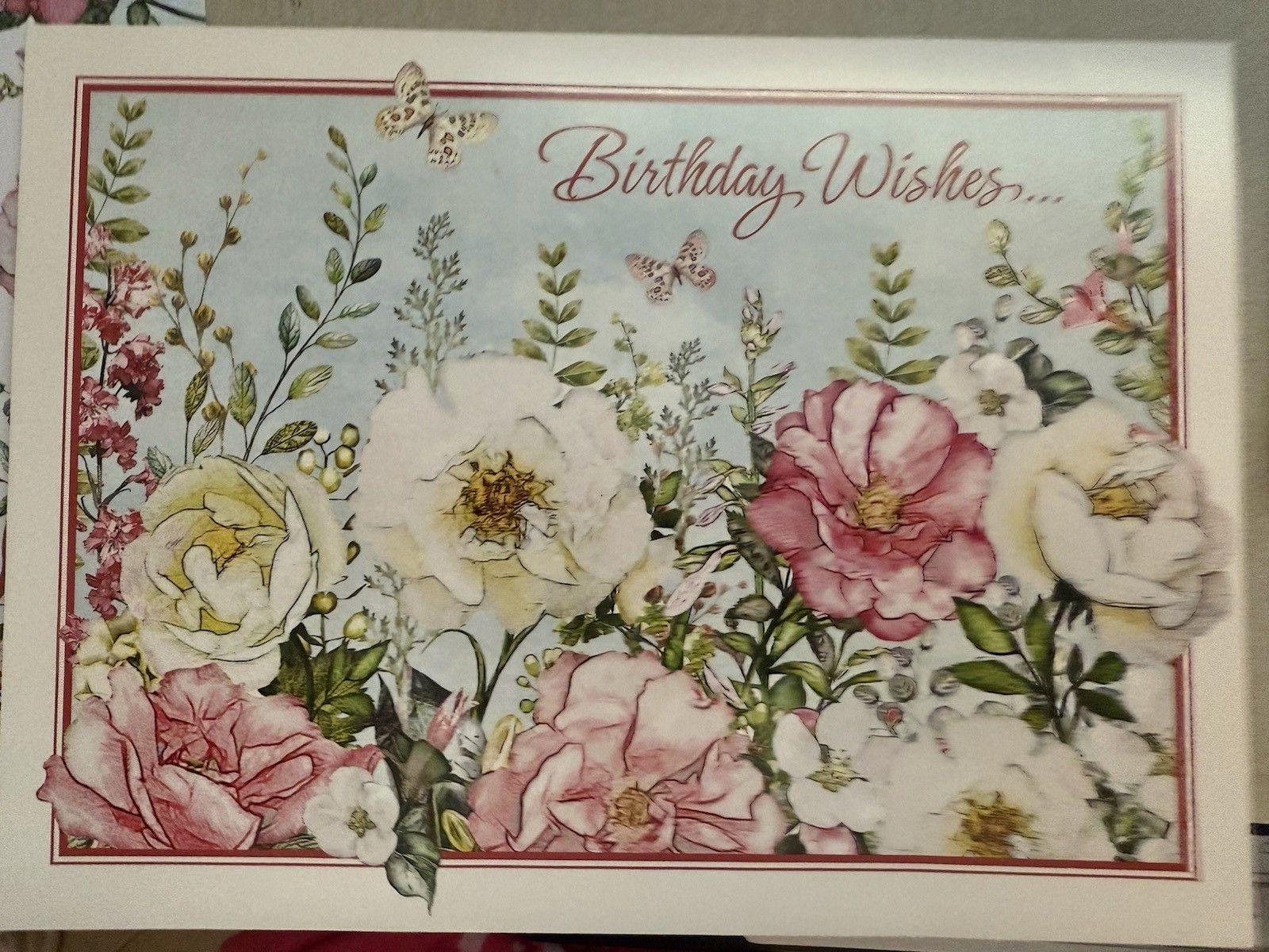 “Birthday Wishes” – Beautiful White & Pink Flowers — 5.5″ X 7.5″