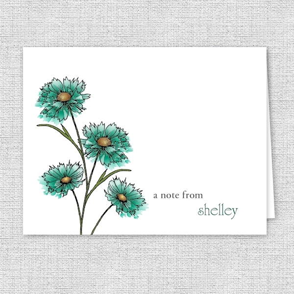 Teal Spring Flowers Note Cards, Personalized Stationery, Folded Note Cards