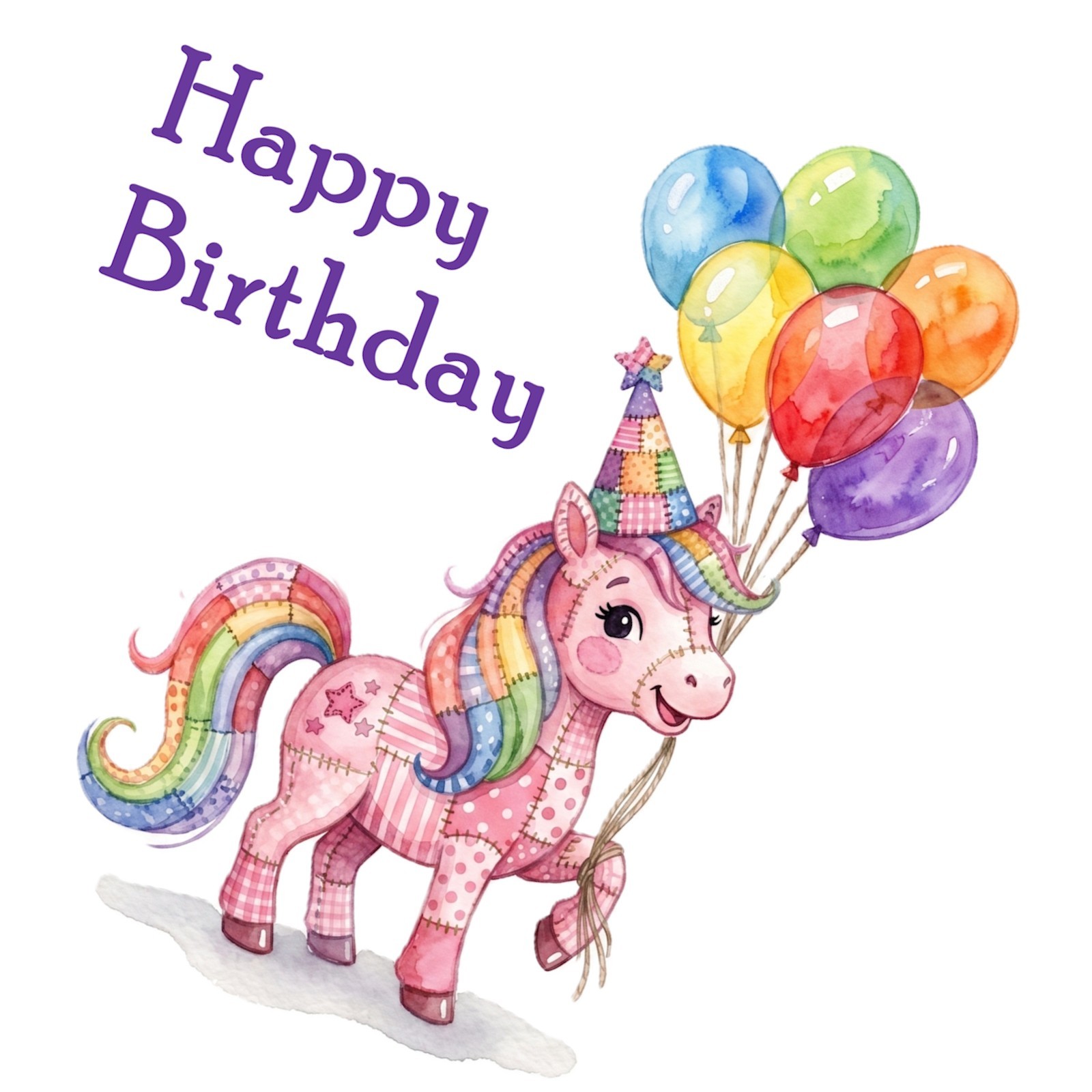 Whimsical Birthday Card, Pink Patchwork Pony with Balloons, 5.25″ x 5.25″
