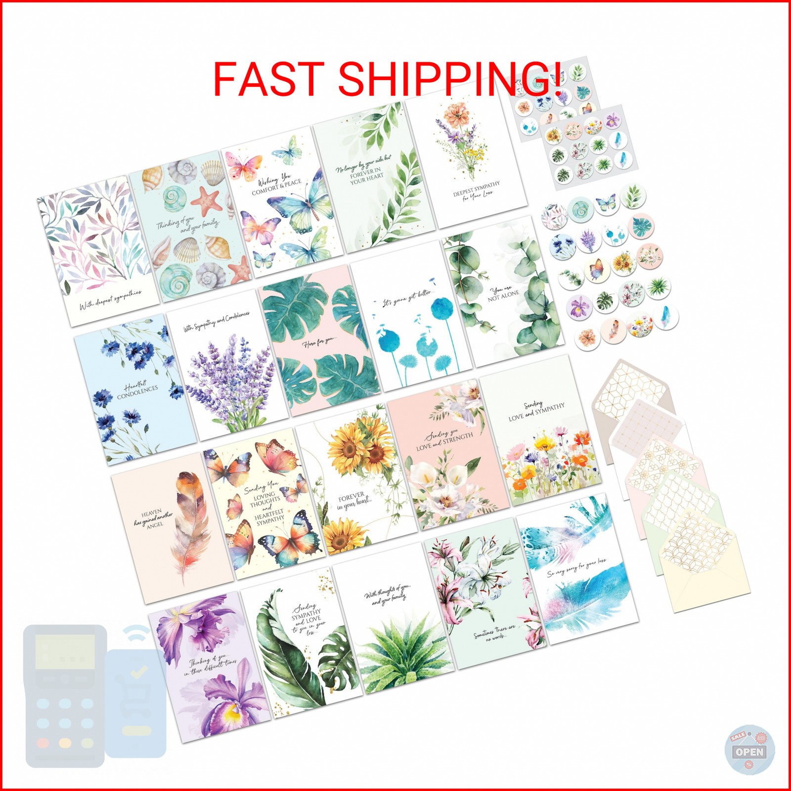 Decorably 20 Pack Foiled and Glittery 5x7in Textured Watercolor Sympathy Cards w