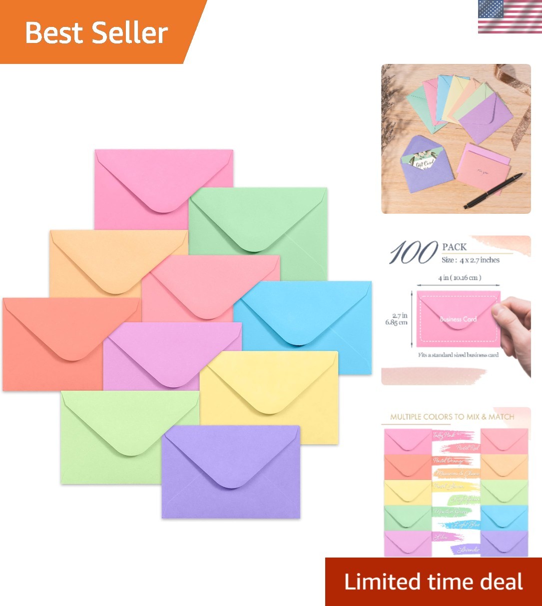 Versatile 4×2.7 Inch Mini Envelopes – 100 Count in Colorful Pastels for Gifting