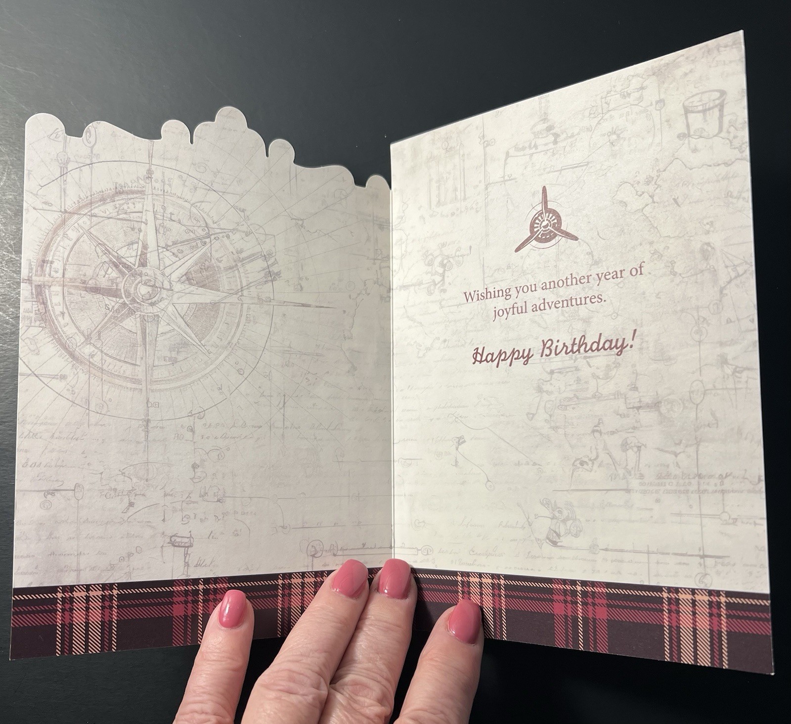 Vintage red flying Prop Airplane BIRTHDAY Card Compass w/ Plaid Envelope/Stamp