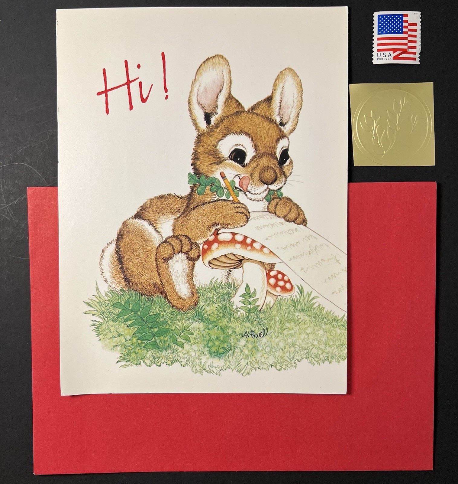 Vintage Tri-Fold Bunny & Woodland Friends “Hi!” BLANK Card w/Env/Seal/Stamp BN
