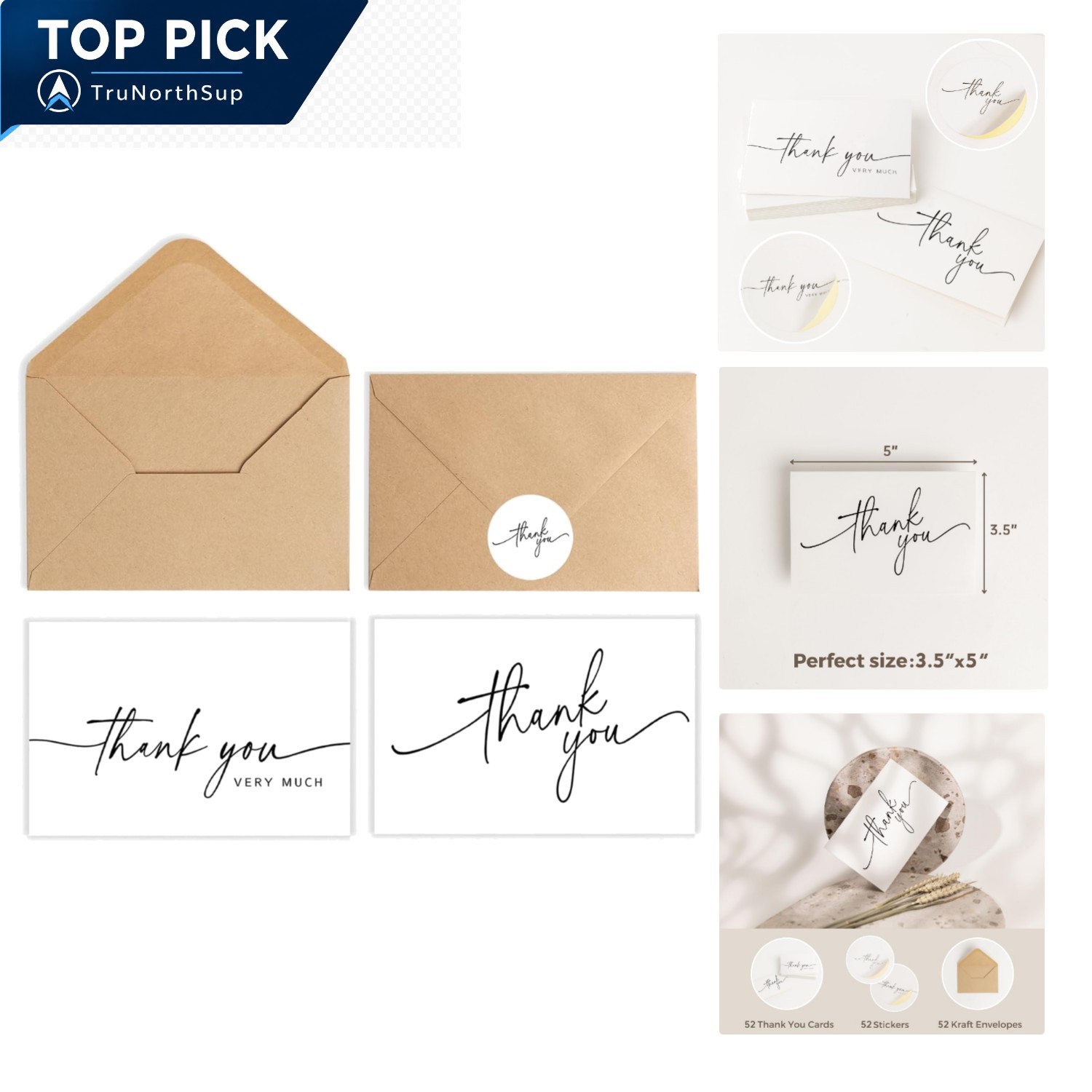 52-Pack Thank You Cards Bulk Set with Kraft Envelopes and Matching Stickers 3…