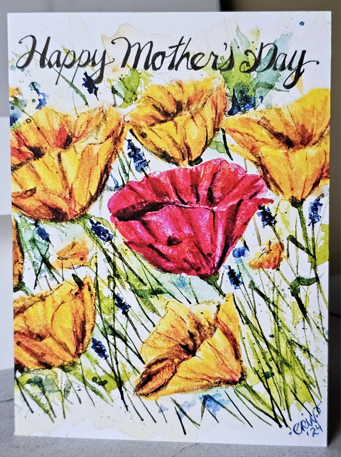Orig Watercolor Print Greeting Card Happy Mother’s Day Poppies 5×7 With Env