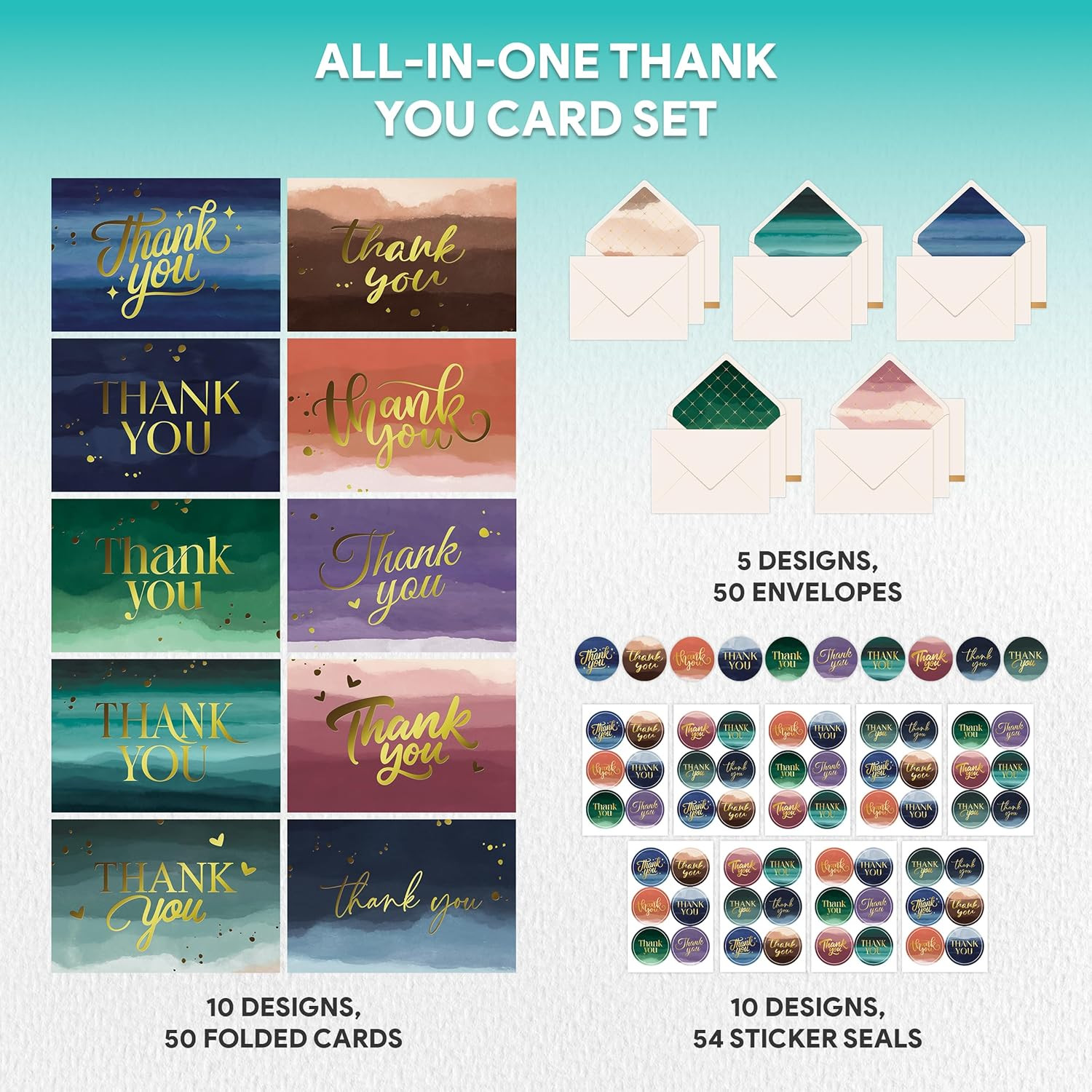 50 Pack Gold-Foiled 6x4in Watercolor Blank Thank You Cards with Envelopes Bulk a