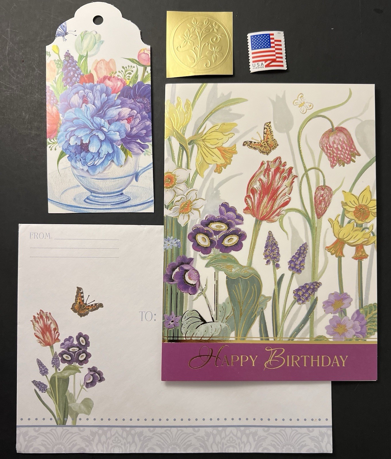 Spring Garden Flowers & Butterflies BIRTHDAY Card w/Env/Gift Tag/Seal/Stamp BN