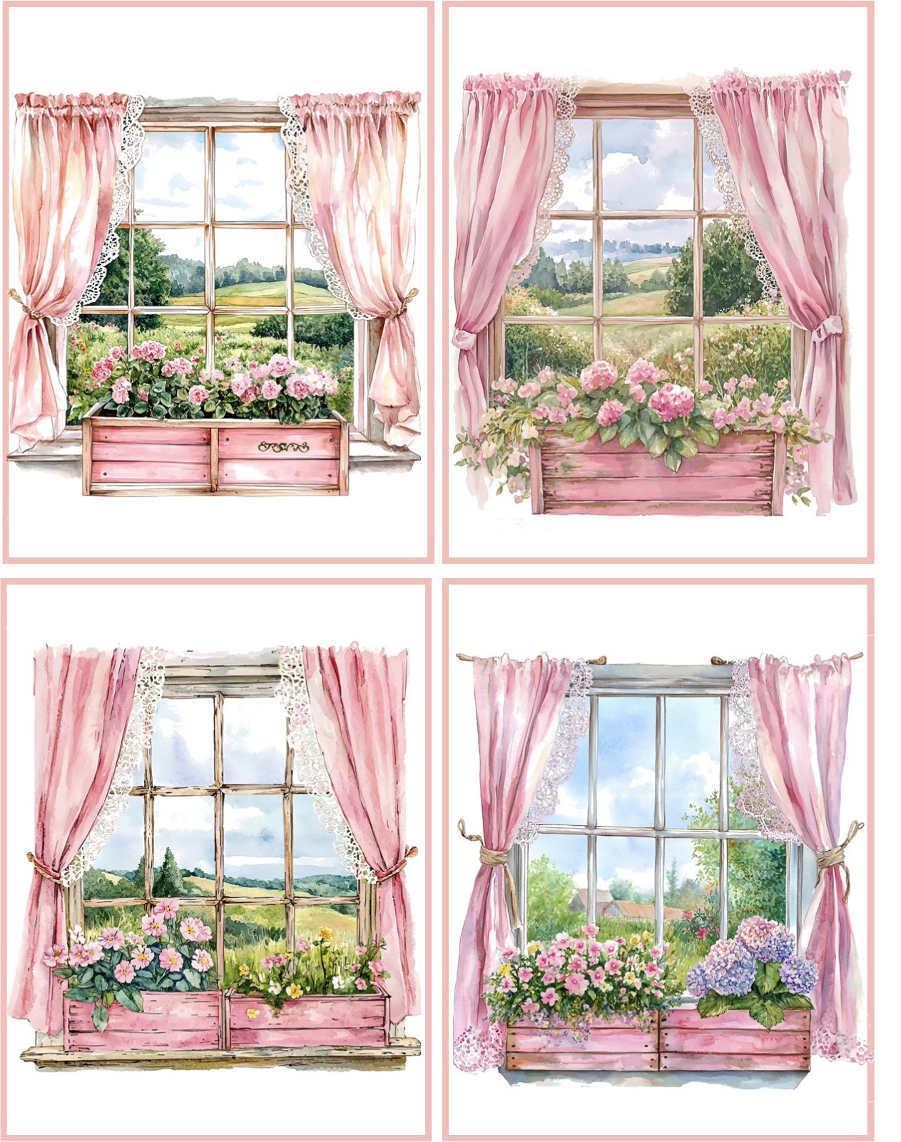 8 Shabby Chic Window curtains flower boxes glossy blank fold out Note Cards