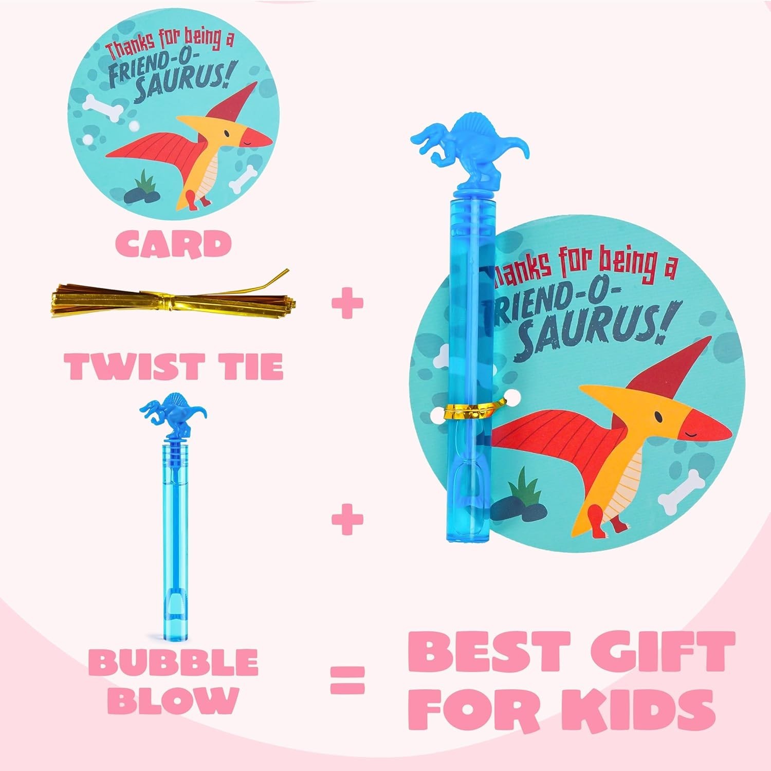 Complete 32 Pack Valentine’s Favor: Mini Bubble Wands & Dino Gift Cards for Kids