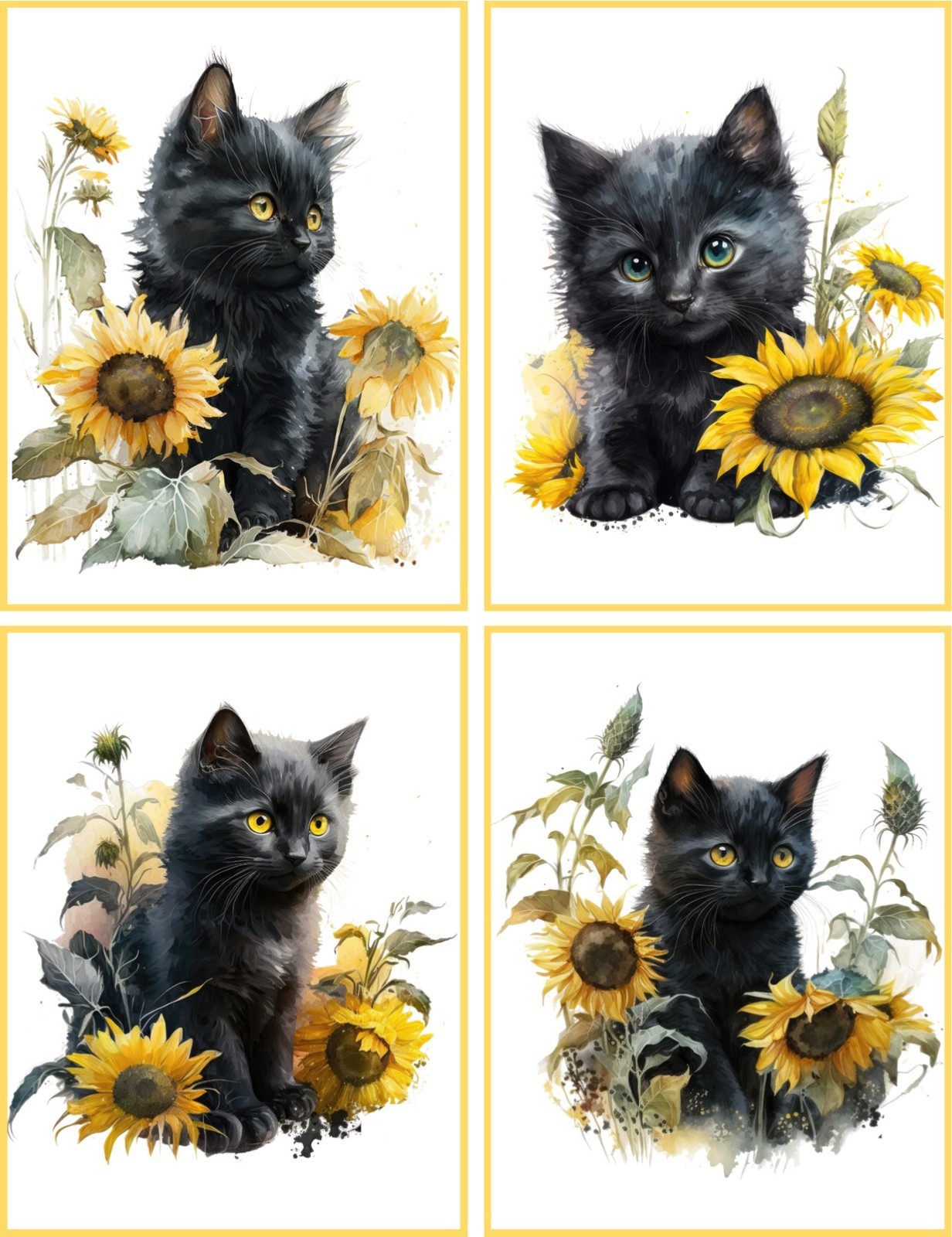 8 Cat Kitten with Sunflower glossy blank fold out Note Card Envelopes Organa bag