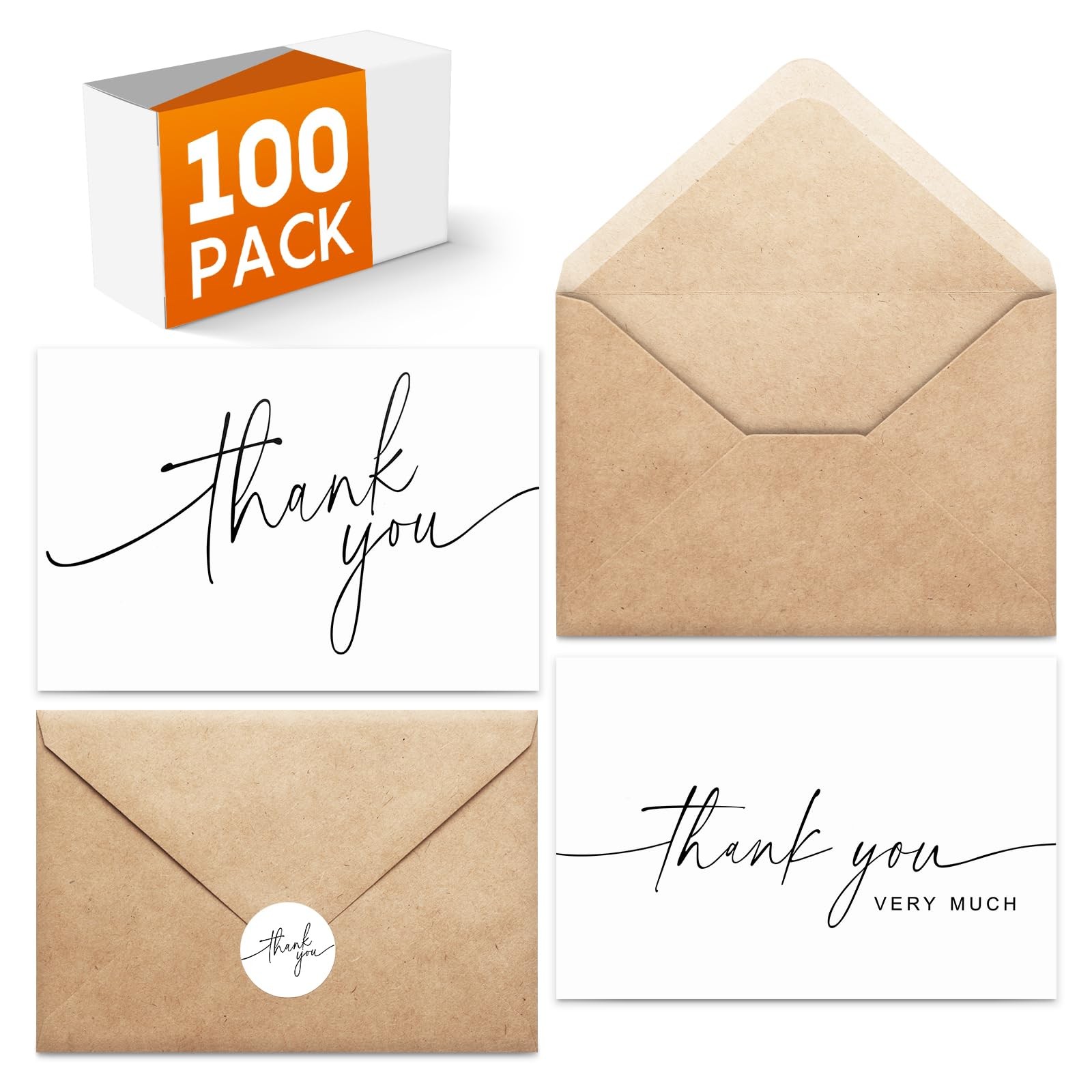 100 PACK Thank You Cards Bulk with Kraft Envelopes and 4×6 Inches, White