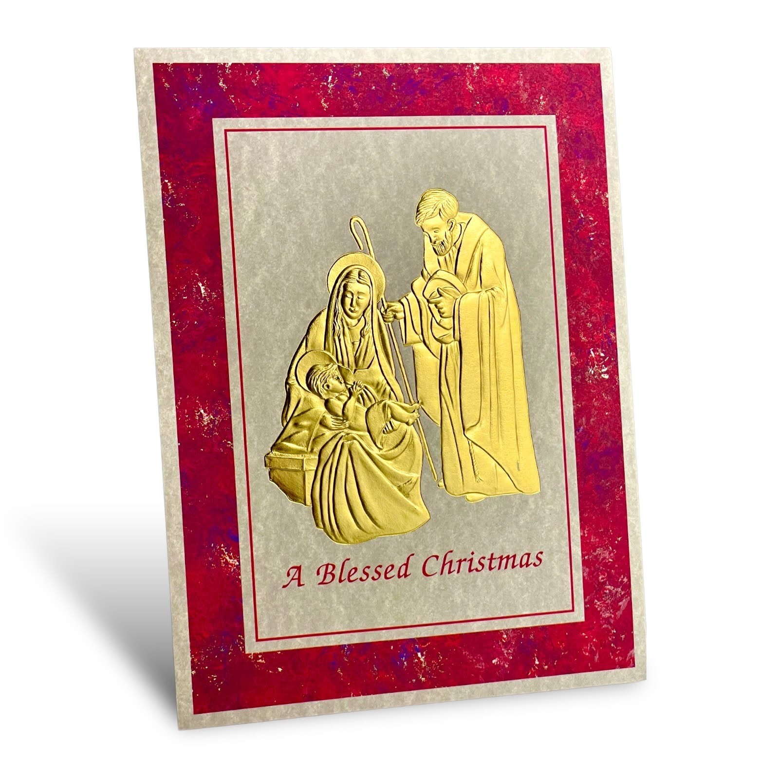 Religious MERRY CHRISTMAS Card, “Gold Texture Nativity” + Envelope