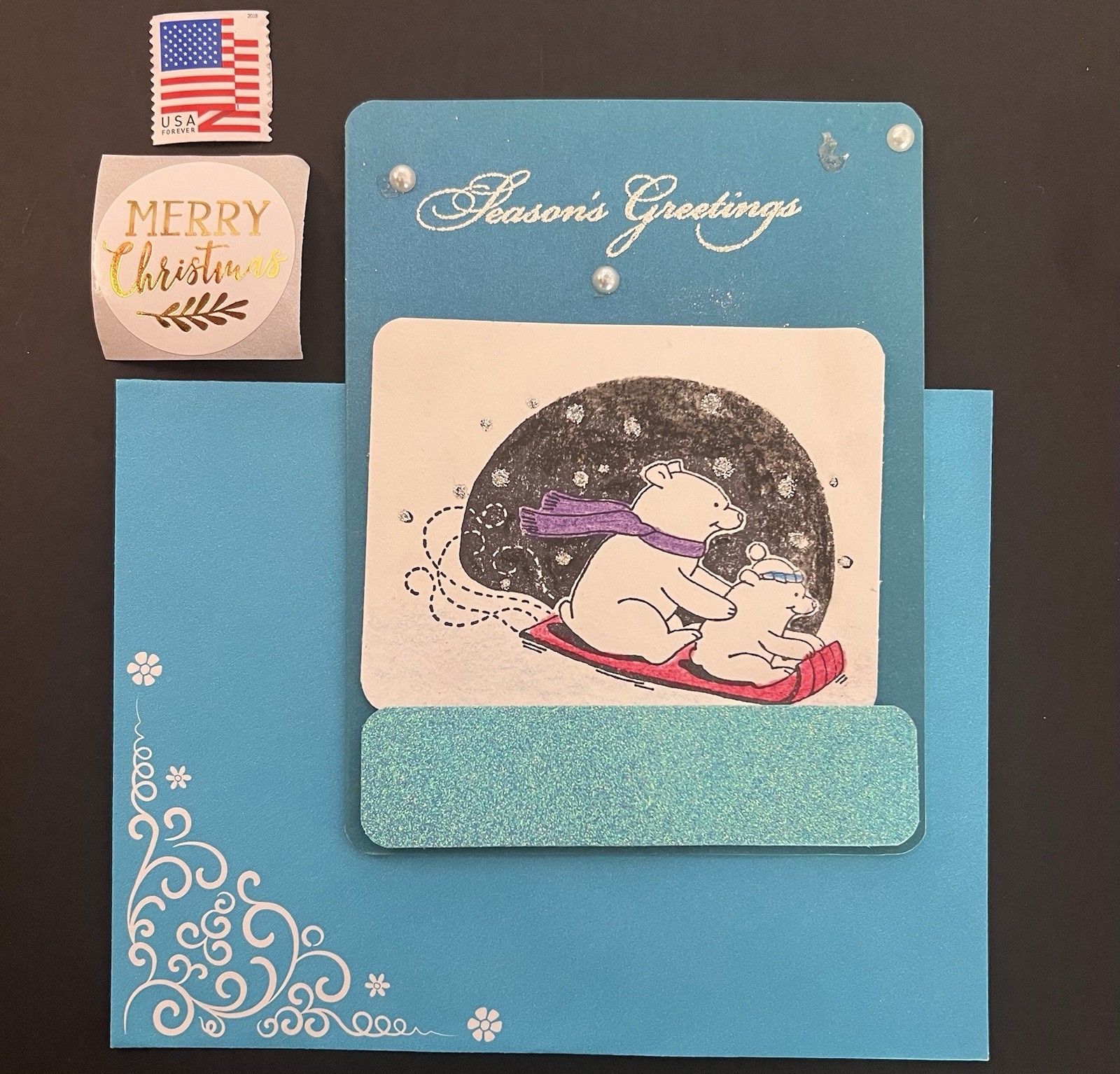 Handmade Polar Bears Sledding CHRISTMAS Card Env/Gold Seal/Stamp pearls glitter
