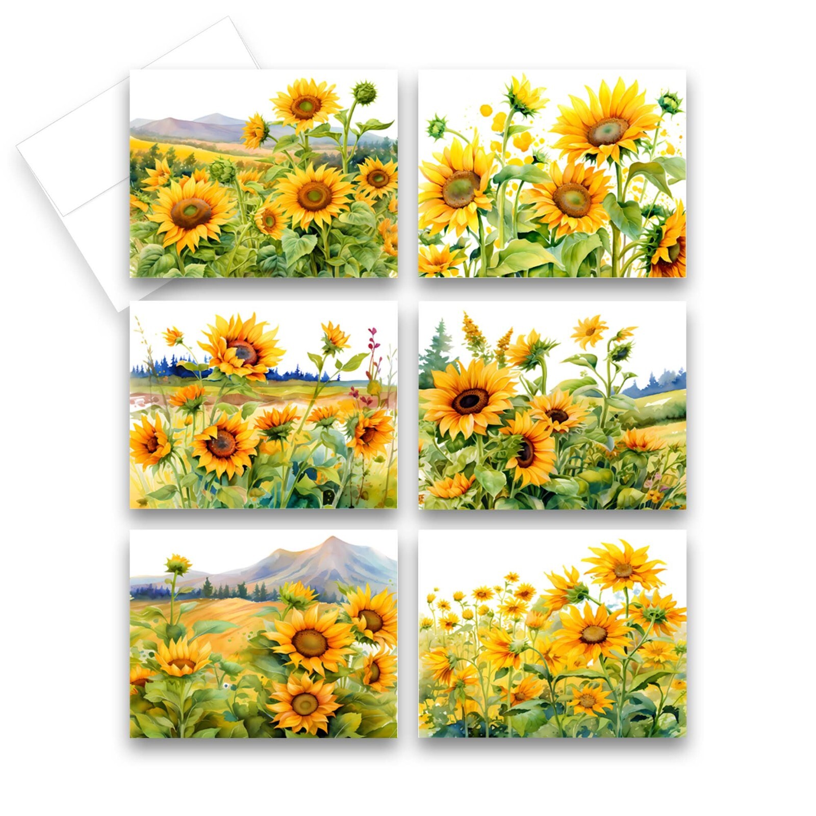 12 Assorted All Occasion Greeting Cards w/ Envelopes, SUNFLOWERS ( 2 of Each )