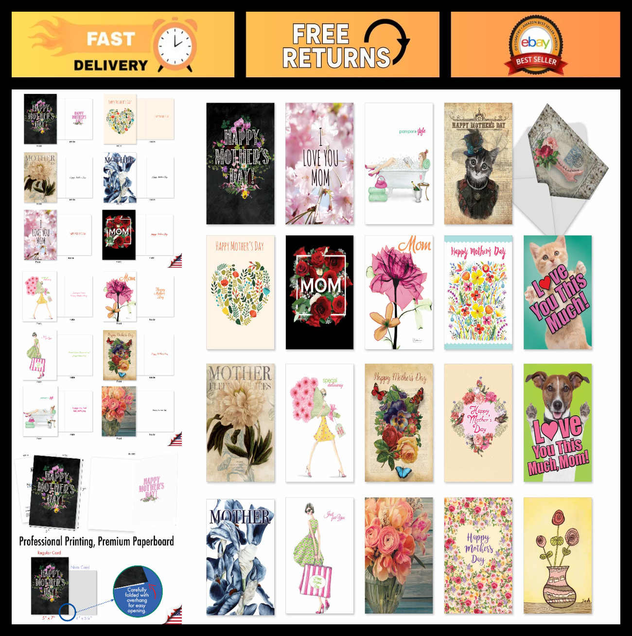 20 Assorted Mother’s Day Greeting Cards Set with Envelopes – 20 Unique Designs