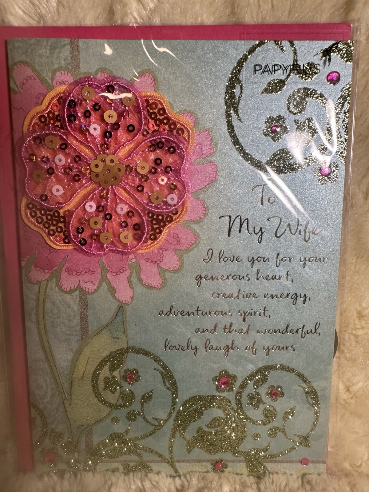 Papyrus Mother’s Day Card WIFE 3D Layered Sequin Flower Glitter Generous Heart
