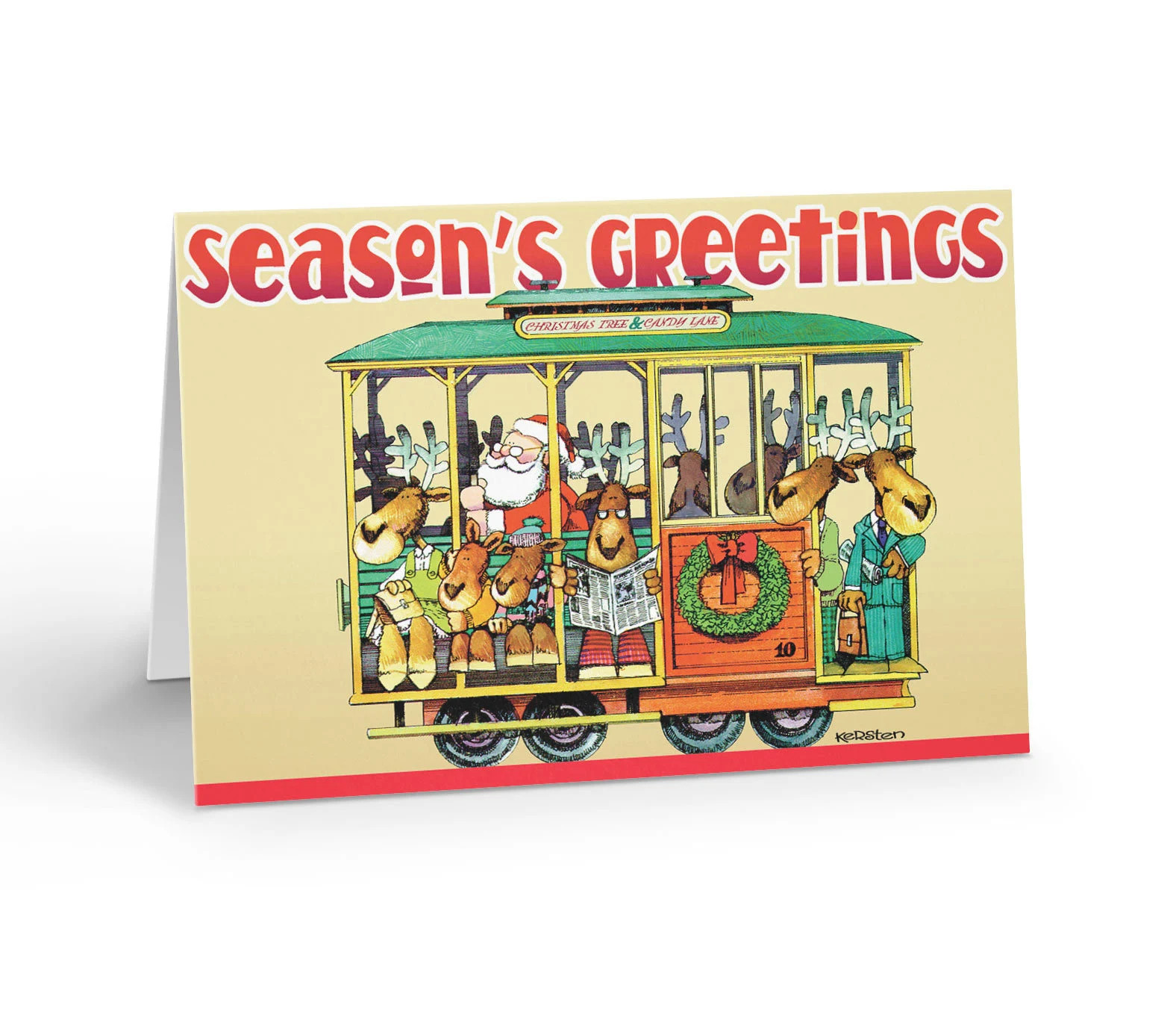 Santa and Reindeer On A Trolly Visiting the City – 12 Holiday Cards with Envelop