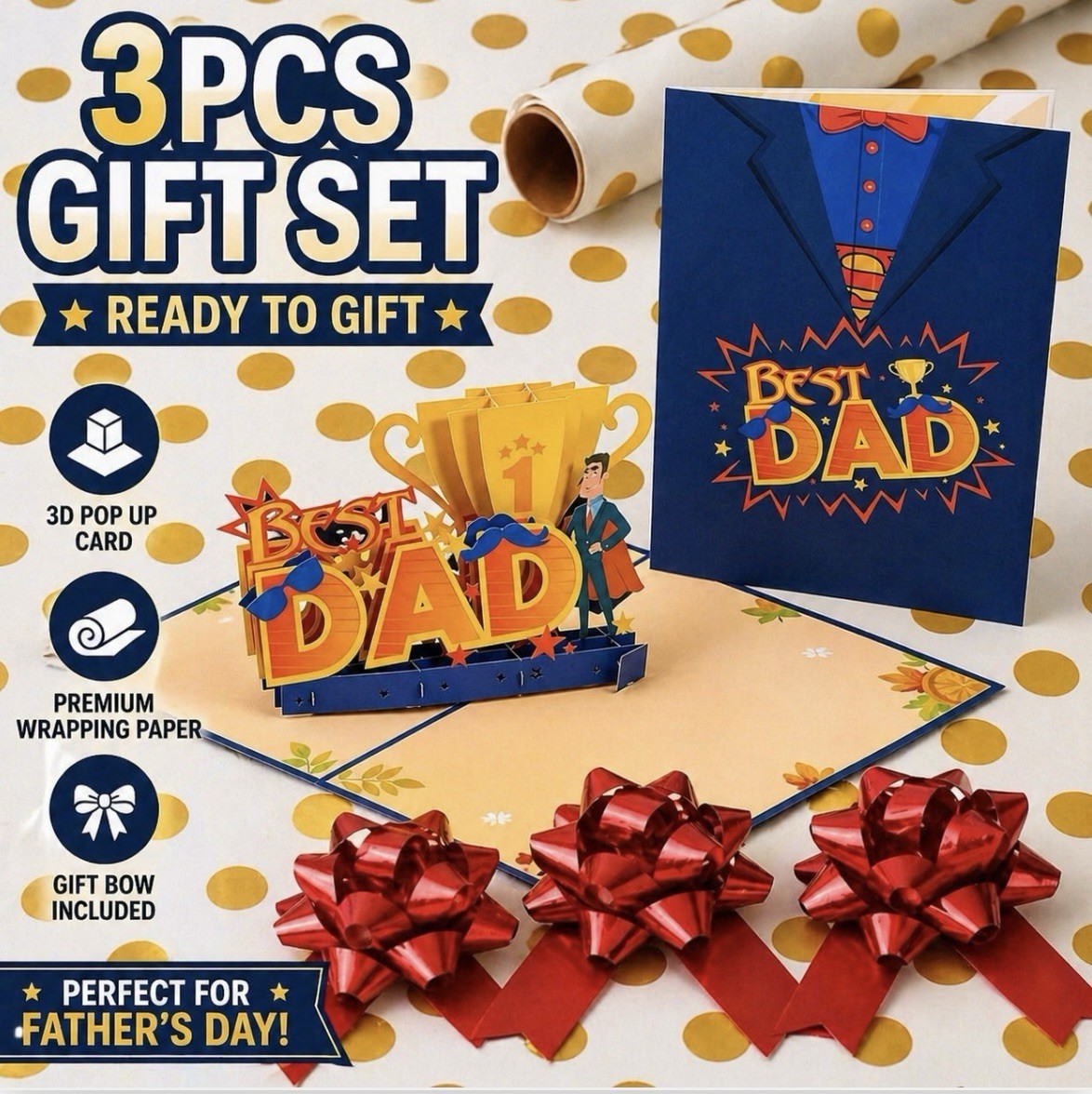 3D Pop Up Father’s Day Card Gift Set 3PCS Wrapping Paper Random 3 Designs & Bow